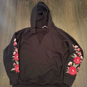 American Eagle Outfitters Black Hoodie with Pink Floral Embroidery